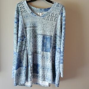 CJ Banks Long Sleeve Top with Blue and White Patterns